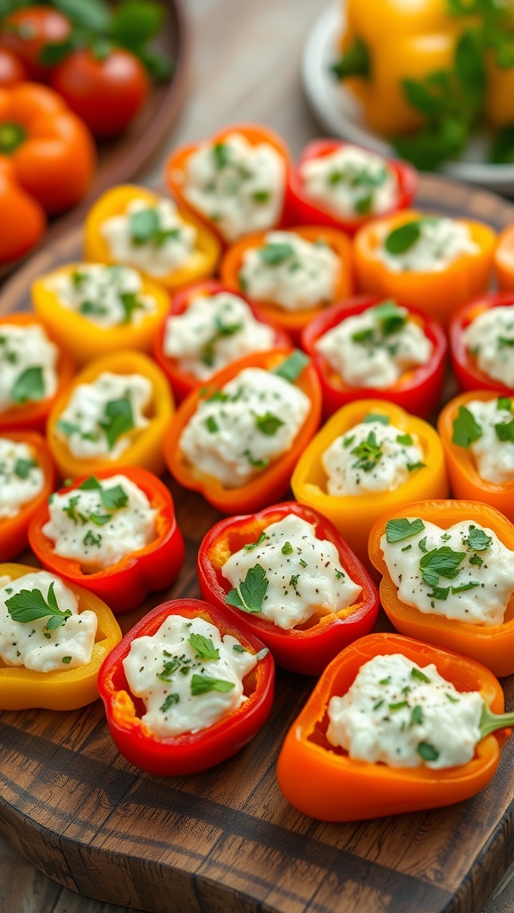 A platter of stuffed mini peppers filled with cheese, garnished with herbs, on a wooden table.